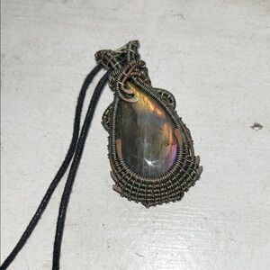 Handmade Labradorite Teardrop Wire-Wrap Pendant Necklace - Black Cord